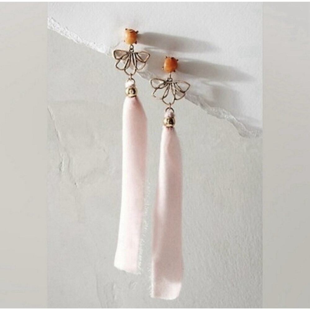 Free People Dainty Coquette Fairy Lulu Ribbon Dangle Earrings - Pink/Gold - NWT